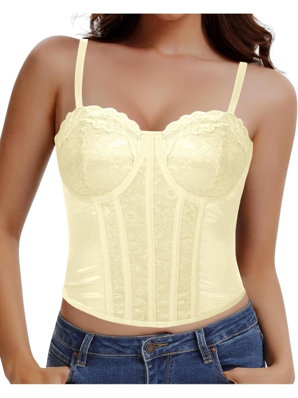 Women's Yellow Underwire Sheer Boned Fit Spaghetti Strap Lace Bustier Corset Top